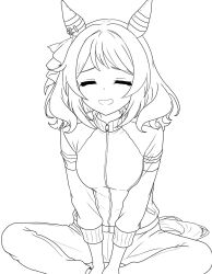  1girl animal_ears breasts closed_eyes commentary_request crossed_legs ear_covers ear_ornament greyscale gym_uniform highres hishi_miracle_(umamusume) horse_ears horse_girl horse_tail jacket lineart long_sleeves medium_breasts medium_hair monochrome open_mouth pants simple_background sitting smapy_sumataku smile solo tail tracen_training_uniform track_jacket track_pants track_suit umamusume white_background 