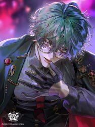  1boy black_gloves brooch chest_belt copyright_logo copyright_name copyright_notice fangs gloves green_hair green_jacket half_gloves highres jacket jacket_on_shoulders jewelry logo looking_at_viewer male_focus mukashi95 necktie official_art red_eyes red_necktie shirt short_hair slit_pupils strange_eden yao_(strange_eden) 