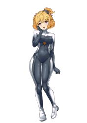  1girl absurdres animal_ears bodysuit breasts commentary commission eimi_isami english_commentary full_body hair_ornament hair_scrunchie hamster_ears hamster_girl hand_on_own_face highres looking_at_viewer open_mouth orange_hair phase_connect pink_eyes ponytail scrunchie shiny_clothes shirohodo short_hair smile virtual_youtuber white_background 