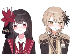  2girls aiguillette black_coat black_gloves black_hair black_shirt blonde_hair blush closed_mouth coat collared_shirt crown curtained_hair diamond_hair_ornament epaulettes flower gloves hair_flower hair_ornament hasumi_leia high_collar long_hair long_sleeves looking_at_viewer mahou_shoujo_no_majo_saiban mini_crown multiple_girls necktie nikaido_hiro red_eyes red_flower red_necktie sash shirt short_hair shoulder_sash simple_background white_background white_shirt yellow_eyes yingyeomnsb 