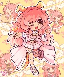  1girl absurdres bonnibelle_amai bonnibelle_amai_(bonni_2.0) bonnibelle_amai_(pajamas) bonnibelle_amai_(rebirth) book bridal_gauntlets brown_eyes candy chibi chibi_only detached_collar food frilled_sleeves frills hair_intakes hair_ornament heart highres holding holding_book holding_candy holding_floatie holding_food indie_virtual_youtuber jewelry kowa_luna leg_ribbon light_blush long_hair multiple_views navel one-piece_swimsuit open_mouth orange_hair ribbon ring shell shell_hair_ornament smile stingray_girl stingray_tail swimsuit teeth upper_teeth_only virtual_youtuber 