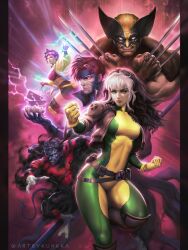  2girls 3boys bike_shorts black_bodysuit black_gloves black_hair black_sclera blue_skin bodysuit border breasts brother_and_sister brown_gloves brown_hair brown_jacket card claw_(weapon) clenched_hands clenched_teeth coat colored_sclera colored_skin comic_cover commentary cover cover_page covered_navel cowl cropped_jacket demon_tail english_commentary eyewear_on_head fingerless_gloves gambit gloves glowing glowing_eyes green_bodysuit green_eyes highres jacket jubilee kunkka large_breasts linea_alba long_hair marvel multicolored_bodysuit multicolored_hair multiple_boys multiple_girls muscular muscular_male nightcrawler official_art pink-tinted_eyewear playing_card pointy_ears red_bodysuit red_eyes rimless_eyewear rogue_(x-men) short_hair siblings superhero_costume tail teeth textless_cover_page textless_version tinted_eyewear two-tone_bodysuit weapon white_gloves white_hair wolverine_(x-men) x-men yellow_bodysuit yellow_coat yellow_gloves 
