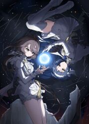  2girls absurdres aru_(sinsekai) asu_(sinsekai) black_background blue_flower blue_hair blue_rose boots breasts brown_hair capelet closed_mouth commentary_request fingernails floating flower frilled_shorts frilled_sleeves frills from_side gloves glowing green_eyes grey_boots grey_capelet grey_gloves grey_jacket grey_shorts grey_skirt hair_ribbon hairband hand_up high_collar highres jacket juliet_sleeves kamitsubaki_studio light_particles light_smile long_hair long_sleeves looking_at_object low_ponytail miniskirt momori0118 multicolored_hair multiple_girls neck_tassel object_floating_above_hand orb pleated_skirt ponytail puffy_sleeves ribbon rose rotational_symmetry short_hair shorts sinsekai_record skirt sleeves_past_wrists small_breasts streaked_hair tassel thigh_boots two-sided_capelet two-sided_fabric very_long_hair virtual_youtuber white_hairband white_ribbon white_streaks zettai_ryouiki 
