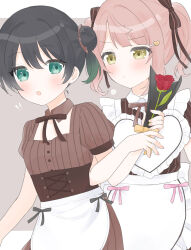  ! !! 2girls :o :t absurdres apron blush bow brown_bow brown_ribbon closed_mouth collarbone commentary_request detached_collar dress flower frilled_apron frills green_eyes green_hair hair_bow hair_bun heart_apron highres holding holding_flower jealous love_live! love_live!_nijigasaki_high_school_idol_club multiple_girls neck_ribbon open_mouth pink_hair pinstripe_dress pinstripe_pattern pout puffy_short_sleeves puffy_sleeves red_flower red_rose ribbon rose short_side_ponytail short_sleeves side_ponytail single_side_bun squiggle takasaki_yu twintails uehara_ayumu umi_(nana_spring) valentine waist_apron white_apron yellow_eyes 