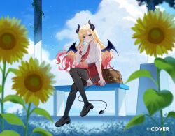  :p asymmetrical_sidelocks black_horns black_shoes black_thighhighs blonde_hair blue_eyes blue_sky blurry blurry_foreground breasts clouds collared_shirt commentary_request copyright_notice day demon_girl demon_horns demon_tail demon_wings flower food full_body gradient_hair hair_ribbon holding holding_food holding_popsicle hololive horn_ornament horn_ring horns large_breasts loafers long_hair miniskirt multicolored_hair myusha necktie official_art on_bench outdoors pink_hair plaid_clothes plaid_skirt pointy_ears popsicle red_necktie red_skirt ribbon shirt shirt_tucked_in shoes sidelocks sitting skirt sky sunflower swept_bangs tail thigh-highs three-quarter_sleeves tongue tongue_out tress_ribbon virtual_youtuber white_shirt wings yuzuki_choco 