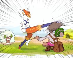  1girl alternate_skin_color brown_hair buck_teeth cinderace gloria_(pokemon) hat kicking open_mouth paripi_nasubi pink_shorts poke_toy pokemon pokemon_sword_and_shield shorts smile squatting tam_o'_shanter teeth whimsicott 