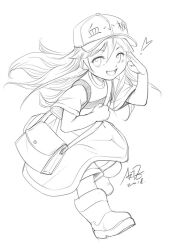  1girl bag boots child dress flat_cap full_body hat hataraku_saibou heart lineart long_hair messenger_bag monochrome open_mouth platelet_(hataraku_saibou) salute shoulder_bag sketch smile solo stanley_lau 