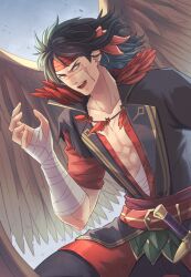  1boy abs bird_wings black_coat black_pants coat commentary_request cross_scar feather_necklace fire_emblem fire_emblem:_radiant_dawn fire_emblem_heroes headband highres jewelry looking_to_the_side male_focus muscular muscular_male necklace open_mouth pants pectorals red_headband riou_(pooh920) scar scar_on_cheek scar_on_face scar_on_nose smile tibarn_(fire_emblem) tibarn_(resplendent)_(fire_emblem) wings 