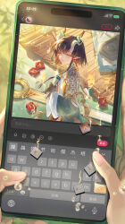  1girl absurdres arknights ba_xiao bamboo_slips black_hair book braid breasts brown_hands calligraphy_brush cellphone cellphone_photo chinese_commentary coat commentary_request dragon_girl dragon_horns earrings eastern_dragon_horns eyeliner green_eyes highres holding holding_book horns jewelry jie_(arknights) knife long_single_sidelock makeup mark_under_both_eyes multicolored_coat multicolored_hair open_clothes open_coat orange_eyeliner orange_streaks paintbrush phone pointy_ears pov pov_hands shirt short_hair single_braided_sidelock small_breasts smartphone solo_focus streaked_hair tassel tassel_earrings tears typing viewer_holding_phone white_shirt 