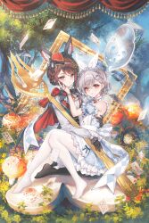  2girls :< :o absurdly_detailed_composition absurdres alternate_hairstyle apron ascot back_ribbon bang_dream! bang_dream!_it's_mygo!!!!! black_vest blue_sky blush bow bowtie braid brown_hair capelet card clock curtains day detached_sleeves double-parted_bangs flower forest fork frilled_cuffs frilled_shirt frilled_shirt_collar frilled_skirt frills giant_fork grass grey_hair hair_bow hair_ornament hand_on_another's_back hand_on_another's_face hat highres kneeling knees_together_feet_apart lapels long_sleeves looking_at_viewer mini_hat multiple_girls mushroom mygo!!!!!_(bang_dream!) nature notched_lapels outdoors oversized_object pantyhose parted_lips penguin_hair_ornament porphyah rabbit_hair_ornament red_bow red_bowtie red_capelet shiina_taki shirt side_braid sidelocks single_braid sitting sitting_on_lap sitting_on_person skirt sky spoon swept_bangs takamatsu_tomori tassel tree vest violet_eyes white_apron white_bow white_pantyhose yuri 