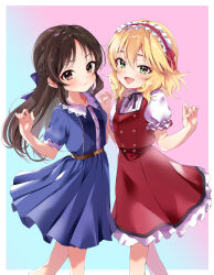  2girls :d belt black_ribbon blonde_hair blue_background blue_bow blue_dress blush border bow brown_belt brown_eyes brown_hair buttons closed_mouth collarbone collared_dress cowboy_shot dress flat_chest frilled_dress frilled_hairband frilled_sleeves frills gradient_background green_eyes hair_between_eyes hair_bow hairband high-waist_belt highres holding_hands idolmaster idolmaster_cinderella_girls interlocked_fingers lace_trim long_hair looking_at_viewer medium_dress medium_hair multiple_girls nana8llo neck_ribbon open_mouth outdoors pinafore_dress pink_background puffy_short_sleeves puffy_sleeves red_dress red_hairband ribbon sakurai_momoka shirt shirt_under_dress short_hair short_sleeves sleeveless sleeveless_dress smile standing tachibana_arisu white_border white_shirt 