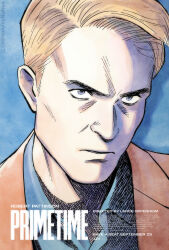  1boy blonde_hair blue_eyes blue_shirt chris_hansen english_text highres portrait primetime_(movie) robert_pattinson shadow shirt solo sweetnarumy urasawa_naoki_(style) 