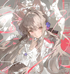  1girl 2023 absurdres animal_ear_fluff animal_ears baibaibaizai black_ribbon bonnet bow bowtie brown_hair collared_dress dress eyelashes flower fox_ears frilled_headwear frilled_sleeves frills hair_flower hair_ornament hair_ribbon hand_on_own_face hat hat_flower hat_ribbon heart_on_cheek highres long_hair long_sleeves low_twintails marking_on_cheek original parted_lips pink_background pink_eyes pink_flower pink_ribbon pink_rose puffy_long_sleeves puffy_sleeves purple_flower ribbon rose sample_watermark sidelocks sleeve_bow solo twintails upper_body v very_long_hair watermark wavy_hair white_bonnet white_bow white_bowtie white_dress 