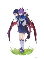  2boys alba1339 anemo_symbol_(genshin_impact) aqua_gem armor arms_at_sides belt black_belt black_bodysuit black_boots black_bow black_bridal_gauntlets black_coat black_hair black_horns black_sandals black_shorts black_tail blue_cape blue_kimono blunt_ends blush bodysuit boots bow bridal_gauntlets bright_pupils cape carrying choppy_bangs closed_eyes closed_mouth coat collared_coat contrast_collar covered_collarbone crossed_bangs diorama dragon_boy dragon_horns dragon_tail dragon_wings durin_(genshin_impact) eyeliner facing_down feathers flower full_body gem genshin_impact gloves gold gold_trim grass hair_between_eyes hair_intakes hakama hakama_shorts hand_on_another's_shoulder hand_on_another's_thigh head_on_another's_shoulder highres horns japanese_armor japanese_clothes juban kimono knee_boots kote kurokote leaning_forward leg_warmers looking_at_viewer low_wings makeup multiple_boys open_clothes open_kimono open_mouth pants piggyback pleated_shorts pom_pom_(clothes) purple_hair purple_horns purple_sash red_eyeliner red_wings sandals sash scaramouche_(genshin_impact) short_sleeves shorts side_cape sleeping smile standing tail tassel toeless_legwear turtleneck turtleneck_bodysuit twitter_username two-sided_horns violet_eyes vision_(genshin_impact) wanderer_(genshin_impact) white_background white_flower white_gloves white_kimono white_leg_warmers white_mouth white_pants white_pupils white_sleeves wings yellow_feathers zouri zzz 