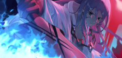  1boy azrael_(fate) azrael_(sword)_(fate) black_eyes blue_fire collarbone commentary_request fate/grand_order fate_(series) fire foreshortening hair_between_eyes highres holding holding_sword holding_weapon jewelry long_hair looking_at_viewer male_focus mikky_dksla open_clothes purple_hair robe scar scar_on_cheek scar_on_face solo sword upper_body weapon white_robe 