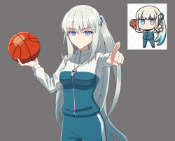  1girl absurdres alternate_costume ball basketball_(object) blue_eyes blue_jacket blue_pants braid breasts chibi closed_mouth cowboy_shot fate/grand_order fate_(series) grey_background grey_hair half_up_braid highres holding holding_ball jacket long_hair long_sleeves looking_at_viewer meme mikky_dksla morgan_le_fay_(fate) multicolored_hair multicolored_jacket outstretched_arm pants pointing ponytail reference_inset riyo_(lyomsnpmp) sidelocks simple_background solo sportswear track_suit two-tone_hair two-tone_jacket very_long_hair whistle white_hair 