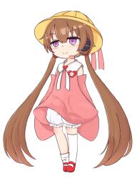  1girl artist_request asymmetrical_legwear bloomers brooch brown_hair child collared_dress dress full_body hat headset heart heart_brooch highres jewelry kindergarten_uniform loose_thighhigh low_twintails mary_janes name_tag pink_dress pink_sleeves red_shoes school_hat shoes simple_background sleeves_past_fingers sleeves_past_wrists solo tsukuyomi_ai twintails uneven_legwear violet_eyes voiceroid white_background white_bloomers yellow_hat 