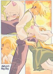  2boys animal_ears blonde_hair brown_pants closed_eyes commentary_request crying dated deltarune flowery_(deltarune) goat_boy goat_ears green_vest harumiya_ut highres horns hug long_sleeves multiple_boys open_mouth pants pink_horns puffy_long_sleeves puffy_sleeves ralsei scarf shirt utdr_(toby_fox) vest watermark white_shirt yellow_scarf 