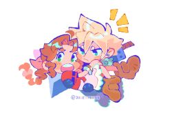  1boy 1girl aerith_gainsborough ahoge aqua_eyes armor black_gloves blonde_hair boots bracelet braid braided_ponytail brown_boots brown_hair buster_sword carrying chibi chibi_only closed_mouth cloud_strife commission dress earrings final_fantasy final_fantasy_vii final_fantasy_vii_remake furrowed_brow gloves gold_bangle green_eyes hair_between_eyes hair_ribbon hetero jacket jewelry jjulia_28 light_frown long_hair multiple_bracelets open_mouth parted_bangs pauldrons pink_dress pink_ribbon princess_carry red_jacket ribbon second-party_source short_hair shoulder_armor sidelocks silver_bangle single_braid single_earring single_pauldron spiky_hair stud_earrings sword sword_on_back twitter_username weapon weapon_on_back white_background 