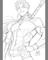  1boy commentary cu_chulainn_(fate) cu_chulainn_(lancer)_(fate) earrings english_commentary fate/stay_night fate_(series) hand_on_own_hip holding holding_staff jewelry lineart looking_at_viewer male_focus monochrome sketch smile solo spiky_hair staff stanley_lau upper_body 