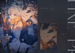  1girl black_halo blue_archive brown_coat coat comiket_108 commentary hair_ornament halo jacket kyaroru light_frown long_hair long_sleeves looking_at_viewer mechanical_halo multicolored_halo noa_(blue_archive) scarf skirt snow snowing solo tree two-tone_halo violet_eyes white_hair white_halo white_jacket white_skirt yellow_scarf 
