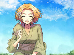  1girl aged_down bleach blue_sky breasts clouds commentary_request flower grass green_kimono hair_flower hair_ornament japanese_clothes kimono large_breasts matsumoto_rangiku medium_hair mole mole_under_mouth nanao_itsuki open_mouth orange_hair sitting sky smile solo 