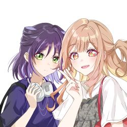  2girls :d bag black_hair blonde_streaks blue_nails blue_shirt bob_cut brown_hair camisole camisole_over_clothes chinese_commentary cho_kaguya-hime! closed_mouth colored_inner_hair commentary_request crew_neck dot_nose empire_waist expressionless fang fingernails green_eyes green_pupils grey_camisole hair_horns hair_tie hand_up headphones headphones_around_neck highres jewelry kaguya_(cho_kaguya-hime!) kaguya_(wego)_(cho_kaguya-hime!) light_blush long_fingernails long_hair looking_at_viewer multicolored_hair multiple_girls multiple_necklaces nail_polish necklace one_side_up open_mouth orange_eyes purple_streaks red_bag sakayori_iroha sakayori_iroha_(wego) shirt short_hair shoulder_bag side-by-side sidelocks simple_background smile split_mouth streaked_hair t-shirt two-tone_hair unmoving_pattern upper_body v variant_set wego white_background white_shirt xing_xiu_kara 