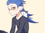  1boy ^_^ black_shirt blue_hair cat closed_eyes closed_mouth collarbone commentary eyelashes fangs inkling inkling_boy inuowour long_hair open_mouth pointy_ears shirt simple_background solo splatoon_(series) symbol-only_commentary yellow_background yellow_eyes 