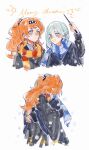  2girls black_robe blue_scarf blush bright_pupils checkered_hairband chinese_commentary collared_shirt commentary_request english_text freckles green_eyes grey_hair harry_potter_(series) highres holding holding_wand hug long_sleeves merry_christmas multiple_girls orange_hair orange_scarf parted_lips reverse:1999 robe scarf shirt simple_background smile snowing sonetto_(reverse:1999) two_side_up vertin_(reverse:1999) wand white_background white_pupils wizarding_world xiao_lu 