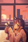  1girl blue_eyes cityscape coffee_mug cup elun_(elun_00) grey_sweater highres holding holding_cup hololive hololive_english long_hair looking_at_viewer mug ninomae_ina&#039;nis open_mouth pointy_ears sidelocks solo sun sunset sweater takodachi_(ninomae_ina&#039;nis) tentacle_hair violet_eyes virtual_youtuber 