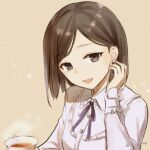  1girl :d atelier_(series) atelier_ayesha brown_background brown_eyes brown_hair collared_shirt commentary_request cup earrings frilled_shirt_collar frilled_sleeves frills hand_up hari_(gorse6my) holding holding_cup jewelry long_sleeves looking_at_viewer marion_quinn neck_ribbon open_mouth ribbon shirt short_hair smile solo steam tea teacup twitter_username upper_body white_shirt 