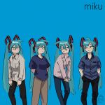  4girls :| album_cover_redraw aqua_hair arms_behind_back black_pants blue_background blue_shirt brown_pants character_name character_request closed_mouth collared_shirt commentary derivative_work dress_shirt english_commentary green_eyes grey_shirt hair_between_eyes hair_ornament hands_in_pockets hatsune_miku highres long_hair long_sleeves multiple_girls pants shirt short_sleeves signature simple_background soru striped striped_shirt twintails vertical-striped_shirt vertical_stripes very_long_hair vocaloid weezer_(band) 