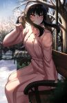  1girl absurdres bare_tree bench black_hair blue_sky blush commentary dress hairband highres long_hair long_sleeves looking_at_viewer outdoors pink_dress rageman709 red_eyes sitting sky smile snow solo spy_x_family tree white_hairband yor_briar 