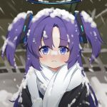  1girl absurdres artist_name black_jacket blue_archive blue_eyes blush commentary english_commentary gevuxx halo highres husbant_(meme) jacket long_hair looking_at_viewer meme purple_hair scarf snow_on_body snow_on_head snowing solo two_side_up white_scarf yuuka_(blue_archive) 