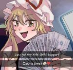  1girl absurdres banknote blonde_hair blush comedy commentary dollar_bill emoji english_text hat hat_ribbon heart highres holding holding_money long_hair looking_at_viewer m40u mob_cap money open_mouth red_ribbon ribbon shiki_eiki smile snapchat solo symbol-only_commentary thumbs_up touhou upper_body white_headwear yakumo_yukari yellow_eyes 