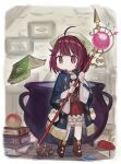  1girl ahoge aoki_shizumi atelier_(series) atelier_sophie blue_coat bomb book book_stack boots brown_footwear cauldron coat collared_coat corset explosive full_body gem head_scarf highres holding holding_staff indoors jewelry long_sleeves necklace picture_frame plachta red_eyes red_skirt redhead short_hair skirt sophie_neuenmuller staff standing wide_sleeves 