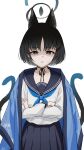  1girl absurdres animal_ears bigmt_kid black_eyes black_hair black_sailor_collar black_skirt blue_archive blue_halo blue_neckerchief cat_ears cat_tail clenched_teeth crossed_arms frown halo haori highres japanese_clothes kikyou_(blue_archive) looking_at_viewer multiple_tails neckerchief pleated_skirt sailor_collar school_uniform serafuku short_hair simple_background skirt solo tail teeth two_tails white_background 
