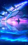  1girl animal cat clouds gradient_sky highres milky_way night night_sky ocean original outdoors purple_sky reflection reflective_water scenery shooting_star sky skyrick9413 solo star_(sky) starry_sky whale 