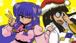  1boy 1girl black_hair breasts christmas double_bun glasses hair_bun hat mousse_(ranma_1/2) open_mouth purple_hair ranma_1/2 santa_hat shampoo_(ranma_1/2) snowman star_(symbol) v wanta_(futoshi) yellow_background 