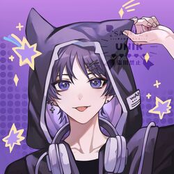  1boy alternate_costume animal_hood black_hood cat_hood earrings genshin_impact hair_between_eyes hair_ornament hairclip headphones headphones_around_neck highres hood hood_up jewelry looking_at_viewer male_focus purple_background purple_hair scaramouche_(genshin_impact) short_hair smile solo tongue tongue_out unik0503 violet_eyes x_hair_ornament 