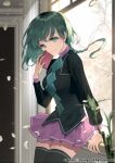  1girl argyle argyle_shirt arm_support bamboo black_jacket black_shirt black_thighhighs blurry book braid carchet closed_mouth copyright_notice cowboy_shot cropped_jacket depth_of_field falling_petals green_eyes green_hair holding holding_book indoors jacket leaning_back long_hair long_sleeves looking_at_viewer official_art petals pleated_skirt purple_skirt shirt sid_story single_braid skirt smile solo standing thigh-highs tree window wispy_bangs 