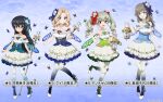  4girls anchovy_(girls_und_panzer) anniversary blue_background blue_bow blue_pantyhose bow character_name commentary_request dress english_text fairy_wings frilled_dress frilled_sleeves frills girls_und_panzer girls_und_panzer_senshadou_daisakusen! gradient_legwear green_pantyhose hair_bow half-closed_eyes high_heels highres holding holding_lantern holding_staff holding_wand kay_(girls_und_panzer) lantern leg_up mature_female medium_dress multiple_girls official_alternate_costume official_art pantyhose red_bow reizei_mako shimada_chiyo short_sleeves staff standing standing_on_one_leg star_(symbol) translated wand watermark white_dress white_footwear wings 