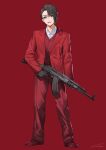  1boy absurdres akm assault_rifle black_gloves blazer brown_eyes brown_hair collared_shirt dot_nose full_body gloves go_tsukishima gun highres holding holding_gun holding_weapon invisible_floor jacket kalashnikov_rifle looking_at_viewer nemoto_yuuma nijisanji open_mouth pants red_footwear red_pants red_suit red_vest rifle shirt short_hair simple_background smile solo standing suit tongue vest weapon white_shirt 