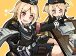  :d aiguillette belt beret black_bow black_headwear black_jacket black_necktie blonde_hair blush book book_stack bow breasts brown_eyes chesed_(uporyz) collared_shirt commission from_above garrison_cap girls_frontline gun hair_bow hand_up hat highres holding holding_paper holding_pen jacket long_sleeves lower_teeth_only medium_breasts medium_hair military_hat military_uniform mp40 mp40_(girls&#039;_frontline) mp40_(thumbelina)_(girls&#039;_frontline) necktie on_chair open_mouth outline paper parted_lips pen pouch shirt sitting skeb_commission smile submachine_gun table teeth thigh_strap twintails uniform weapon white_outline white_shirt yellow_background 