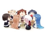  6+girls black_gloves black_hair black_serafuku black_skirt blonde_hair blue_hair brown_hair chibi closed_eyes cup eating elbow_gloves fingerless_gloves food gloves hair_flaps hair_ribbon hairband harusame_(kancolle) hat hinata_yuu holding holding_cup kantai_collection long_hair mouth_hold multiple_girls murasame_(kancolle) open_mouth pink_hair plate ribbon sailor_collar samidare_(kancolle) scarf school_uniform serafuku shaded_face shigure_(kancolle) shiratsuyu_(kancolle) short_sleeves side_ponytail simple_background sitting skirt sleeveless suzukaze_(kancolle) table white_background white_headwear white_skirt yuudachi_(kancolle) 