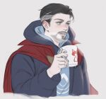  1boy animal_print black_coat black_hair blue_eyes blue_shirt blush cat_print cloak coat cup doctor_strange facial_hair grey_hair hand_up holding holding_cup hood hooded_coat long_sleeves looking_to_the_side male_focus marvel marvel_cinematic_universe multicolored_hair open_clothes open_coat poboong123 puffy_long_sleeves puffy_sleeves red_cloak shirt short_hair solo steam teeth two-tone_hair upper_body 