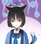  1girl animal_ear_fluff animal_ears black_eyes black_hair black_sailor_collar blue_archive blue_halo blue_neckerchief cat_ears cat_tail closed_mouth eko halo haori highres japanese_clothes kikyou_(blue_archive) looking_at_viewer multiple_tails neckerchief sailor_collar shaded_face short_hair solo tail two_tails upper_body 