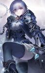  1girl armor chain corset frown gauntlets hair_ornament highres looking_at_viewer nakamura_eight original purple_hair short_hair shoulder_armor snowflake_hair_ornament solo thigh-highs torn_clothes violet_eyes waist_cape 