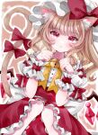 1girl adapted_costume animal_ear_fluff animal_ears bell blonde_hair blush bow bowtie brown_background buttons cat_ears cat_girl cat_tail closed_mouth crystal feet_out_of_frame flandre_scarlet frilled_skirt frills hat hat_bow jaku_sono jingle_bell knees_together_feet_apart large_bow looking_at_viewer medium_hair mob_cap paw_pose puffy_short_sleeves puffy_sleeves red_bow red_eyes red_skirt shirt short_sleeves simple_background skirt sleeve_bow solo tail tail_bow tail_ornament touhou white_headwear white_shirt wings wrist_cuffs yellow_bow yellow_bowtie 