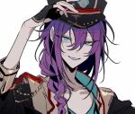  1boy ayase_mayoi blue_eyes braid ensemble_stars! fingerless_gloves gloves hair_between_eyes long_hair looking_at_viewer male_focus mole mole_under_mouth non-web_source purple_hair sharp_teeth smile solo teeth white_background 